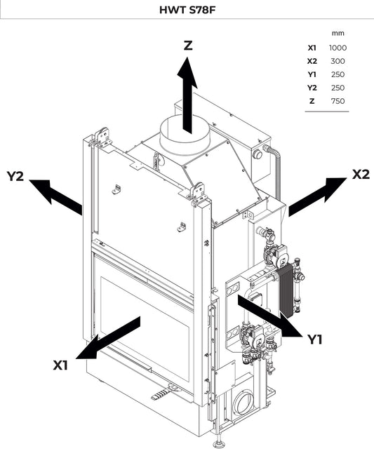 Palazzetti HWT S78F FASTR Frontale Termocamino Ecomonoblocco Legna Riscaldamento Acqua Radiatori Potenza 34,3 Kw Vaso Aperto Acciaio Focolare Refrattario Thermofix® Apertura Porta Scorrimento Ribalta Gruppo Idraulico DX Separazione Impianto 106x69x171 cm