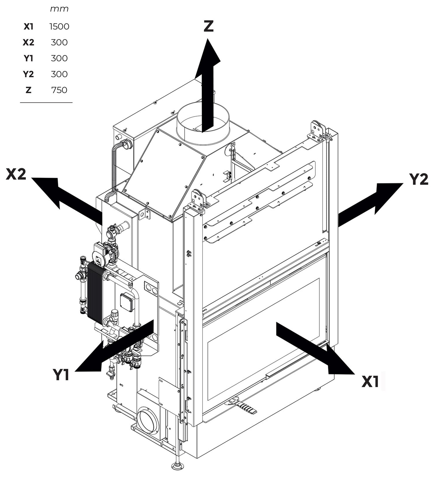 Palazzetti HWT S86F FASTL Frontale Termocamino Ecomonoblocco Legna Riscaldamento Acqua Radiatori Potenza 33,5 Kw Vaso Aperto Acciaio Focolare Refrattario Thermofix® Apertura Porta Scorrimento Ribalta Gruppo Idraulico SX Separazione Impianto 115x80x172 cm