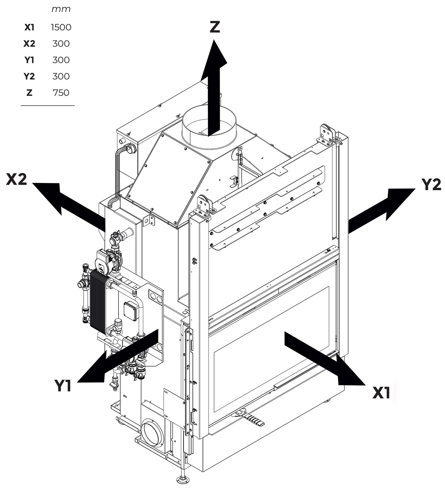 Palazzetti HWT S86F FASTL Frontale Termocamino Ecomonoblocco Legna Riscaldamento Acqua Radiatori Potenza 33,5 Kw Vaso Aperto Acciaio Focolare Refrattario Thermofix® Apertura Porta Scorrimento Ribalta Gruppo Idraulico SX Separazione Impianto 115x80x172 cm