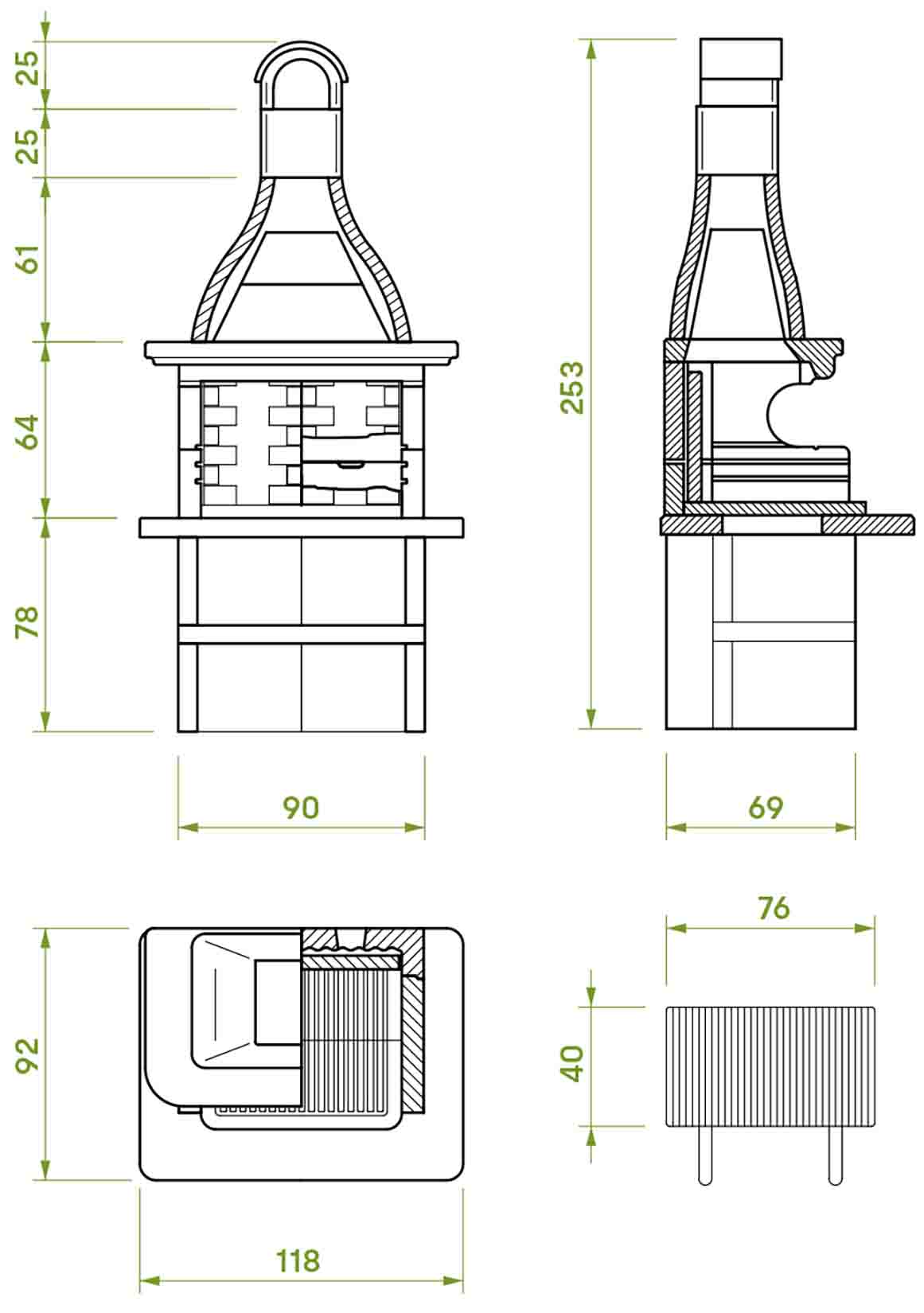 Palazzetti in Giardino Andros 3 Con Top Marmotech Grigio Barbecue Legna Carbonelle Cemento Refrattario Da Verniciare Area Grill Braciere Portalegna Sottocappa Metallica Griglia Cottura Incluso Kit di Montaggio e Verniciatura Misura 118x92 H253 cm 820 kg