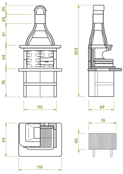 Palazzetti in Giardino Andros 3 Con Top Marmotech Grigio Barbecue Legna Carbonelle Cemento Refrattario Da Verniciare Area Grill Braciere Portalegna Sottocappa Metallica Griglia Cottura Incluso Kit di Montaggio e Verniciatura Misura 118x92 H253 cm 820 kg
