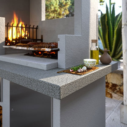 Palazzetti in Giardino Antille 2 Barbecue Legna Carbonelle Forno Cemento Refrattario Da Verniciare Piano Cottura Porta Acciaio Focolare Braciere Laterale Area Grill Top Marmotech Antine Inox Cappa Incluso Kit Montaggio e Verniciatura Misura 255x90 H250 cm