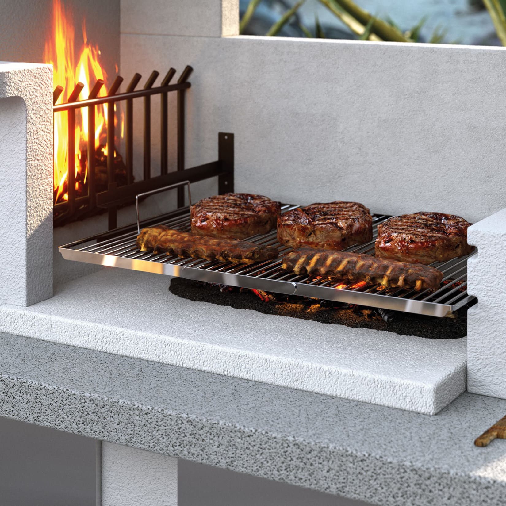 Palazzetti in Giardino Antille 2 Barbecue Legna Carbonelle Forno Cemento Refrattario Da Verniciare Piano Cottura Porta Acciaio Focolare Braciere Laterale Area Grill Top Marmotech Antine Inox Cappa Incluso Kit Montaggio e Verniciatura Misura 255x90 H250 cm