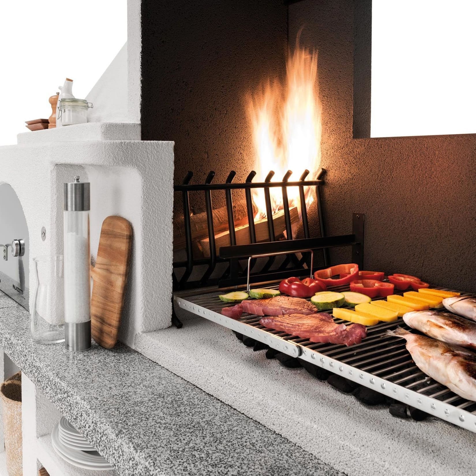 Palazzetti in Giardino Antille 2 Barbecue Legna Carbonelle Forno Cemento Refrattario Da Verniciare Piano Cottura Porta Acciaio Focolare Braciere Laterale Area Grill Top Marmotech Antine Inox Cappa Incluso Kit Montaggio e Verniciatura Misura 255x90 H250 cm