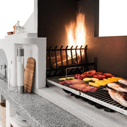 Palazzetti in Giardino Antille 2 Barbecue Legna Carbonelle Forno Cemento Refrattario Da Verniciare Piano Cottura Porta Acciaio Focolare Braciere Laterale Area Grill Top Marmotech Antine Inox Cappa Incluso Kit Montaggio e Verniciatura Misura 255x90 H250 cm