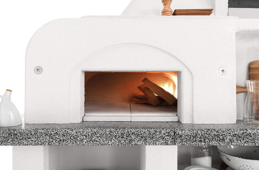 Palazzetti in Giardino Antille 2 Barbecue Legna Carbonelle Forno Cemento Refrattario Da Verniciare Piano Cottura Porta Acciaio Focolare Braciere Laterale Area Grill Top Marmotech Grigio Cappa Incluso Kit Montaggio e Verniciatura Misura 255x90 H250 cm