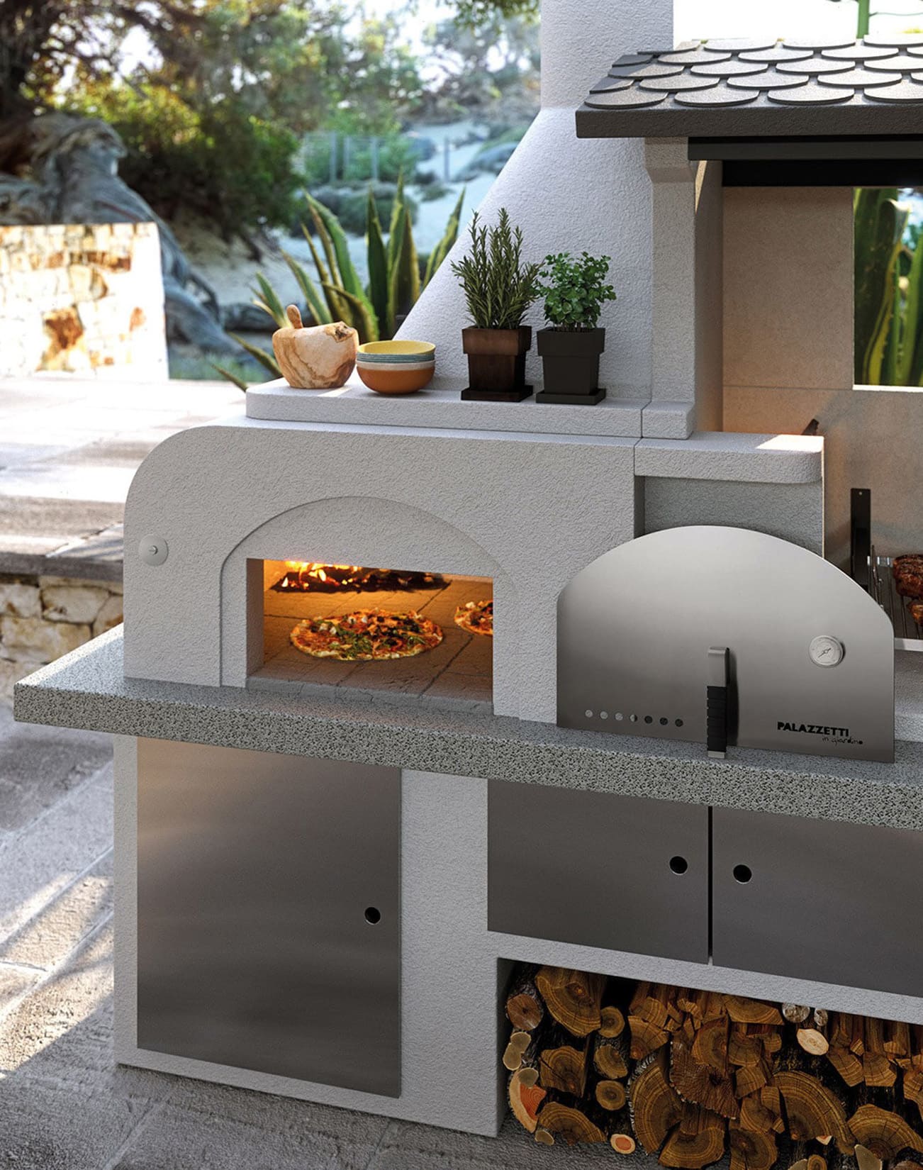 Palazzetti in Giardino Antille 2 Barbecue Legna Carbonelle Forno Cemento Refrattario Da Verniciare Piano Cottura Porta Acciaio Focolare Braciere Laterale Area Grill Top Marmotech Antine Inox Cappa Incluso Kit Montaggio e Verniciatura Misura 255x90 H250 cm