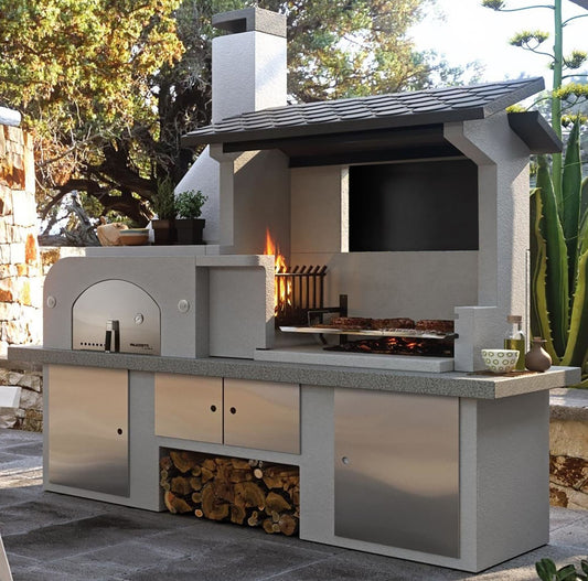 Palazzetti in Giardino Antille 2 Barbecue Legna Carbonelle Forno Cemento Refrattario Da Verniciare Piano Cottura Porta Acciaio Focolare Braciere Laterale Area Grill Top Marmotech Antine Inox Cappa Incluso Kit Montaggio e Verniciatura Misura 255x90 H250 cm