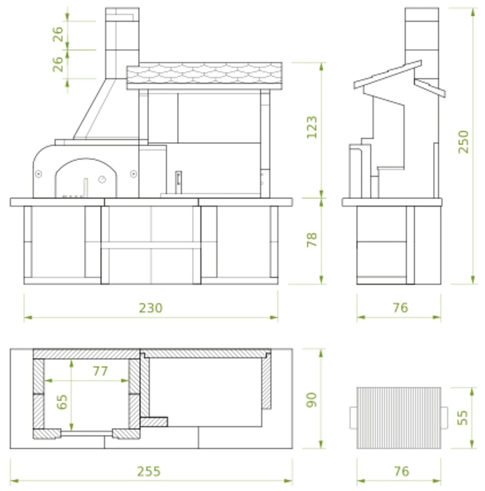 Palazzetti in Giardino Antille 2 Barbecue Legna Carbonelle Forno Cemento Refrattario Da Verniciare Piano Cottura Porta Acciaio Focolare Braciere Laterale Area Grill Top Marmotech Grigio Cappa Incluso Kit Montaggio e Verniciatura Misura 255x90 H250 cm