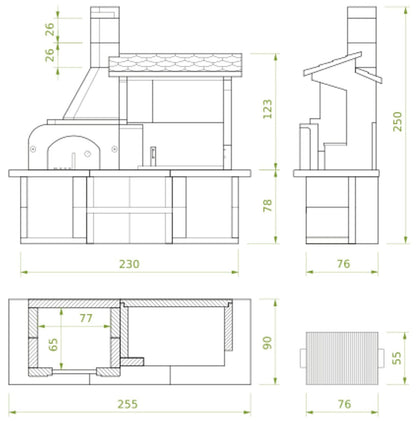 Palazzetti in Giardino Antille 2 Barbecue Legna Carbonelle Forno Cemento Refrattario Da Verniciare Piano Cottura Porta Acciaio Focolare Braciere Laterale Area Grill Top Marmotech Grigio Cappa Incluso Kit Montaggio e Verniciatura Misura 255x90 H250 cm