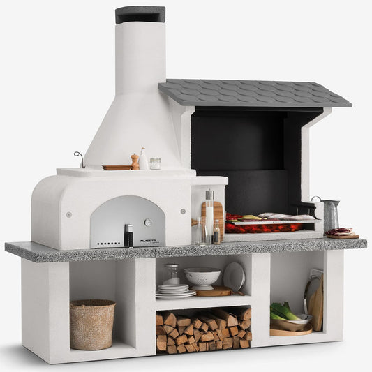 Palazzetti in Giardino Antille 2 Barbecue Legna Carbonelle Forno Cemento Refrattario Da Verniciare Piano Cottura Porta Acciaio Focolare Braciere Laterale Area Grill Top Marmotech Grigio Cappa Incluso Kit Montaggio e Verniciatura Misura 255x90 H250 cm