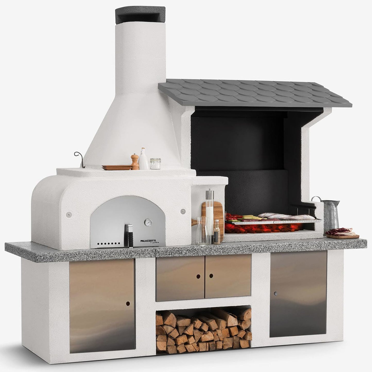 Palazzetti in Giardino Antille 2 Barbecue Legna Carbonelle Forno Cemento Refrattario Da Verniciare Piano Cottura Porta Acciaio Focolare Braciere Laterale Area Grill Top Marmotech Antine Inox Cappa Incluso Kit Montaggio e Verniciatura Misura 255x90 H250 cm
