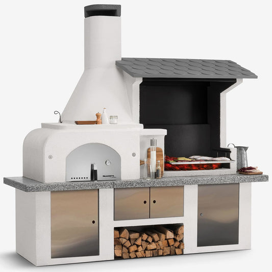 Palazzetti in Giardino Antille 2 Barbecue Legna Carbonelle Forno Cemento Refrattario Da Verniciare Piano Cottura Porta Acciaio Focolare Braciere Laterale Area Grill Top Marmotech Antine Inox Cappa Incluso Kit Montaggio e Verniciatura Misura 255x90 H250 cm