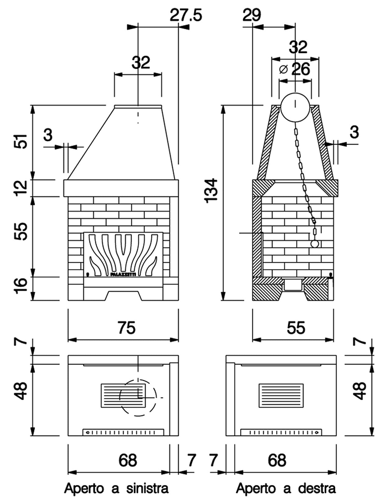 Palazzetti In Giardino Patio 76 R Barbecue Focolare Aperto Camino Legna Carbonelle Aria Naturale Cemento Refrattario Registro Fumi Cassetto Cenere Griglia Paretina Posteriore Ghisa Apertura Destra Sinistra Reversibile Misura 75x55 H134 cm Potenza 12,9 Kw