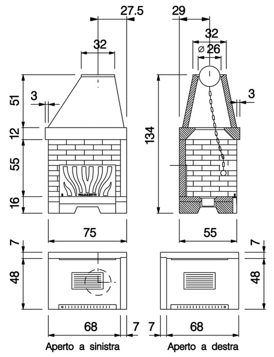 Palazzetti In Giardino Patio 76 R Barbecue Focolare Aperto Camino Legna Carbonelle Aria Naturale Cemento Refrattario Registro Fumi Cassetto Cenere Griglia Paretina Posteriore Ghisa Apertura Destra Sinistra Reversibile Misura 75x55 H134 cm Potenza 12,9 Kw