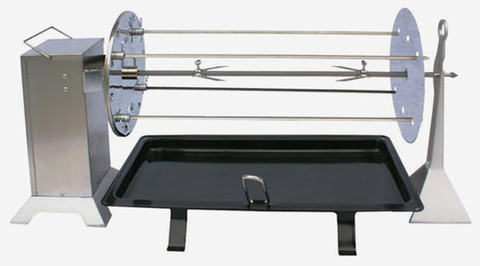 Palazzetti in Giardino Girarrosto Professionale Planetario 90 cm Per Arrostire Grandi Pezzature In Grado Di Portare Fino 38 kg Dotato Di Asta Centrale Quadrata Acciaio Inox 8 mm 4 Spiedini Leccarda Smaltata Supporto Alluminio Blocco Motore 112x30x40h cm