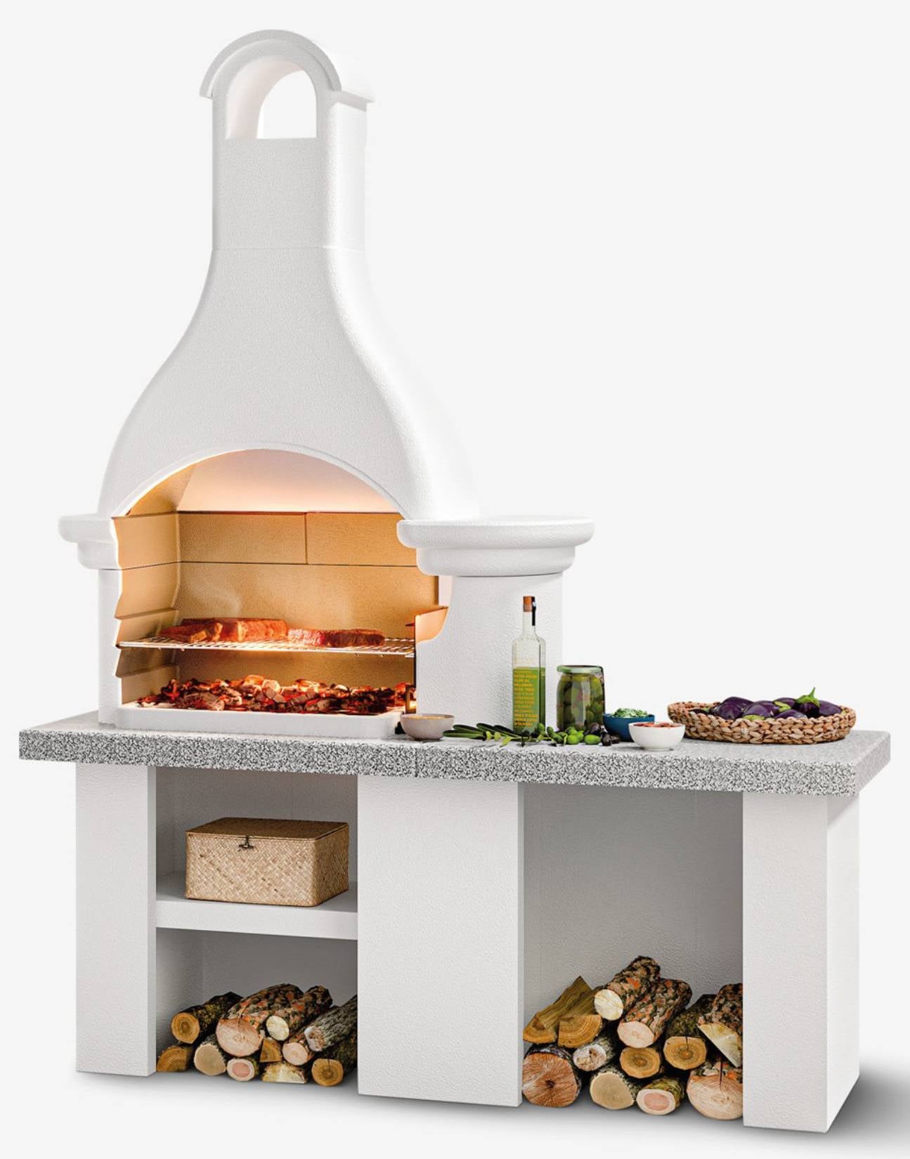 Palazzetti in Giardino Lanzarote 4 Barbecue Legna Carbonelle Cemento Refrattario Focolare Braciere Laterale Area Grill Sottocappa Metallica Griglia Cottura Acciaio Inox Piano Lavoro Marmotech Grigio Incluso Kit Verniciatura e Montaggio 180x70 H236 cm