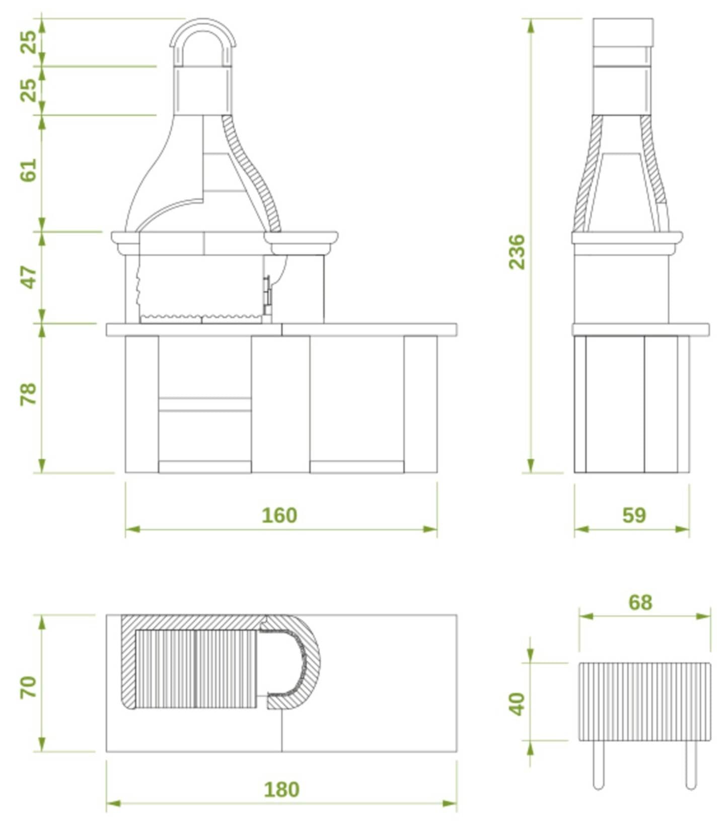 Palazzetti in Giardino Lanzarote 4 Barbecue Legna Carbonelle Cemento Refrattario Focolare Braciere Laterale Area Grill Sottocappa Metallica Griglia Cottura Acciaio Inox Piano Lavoro Marmotech Grigio Incluso Kit Verniciatura e Montaggio 180x70 H236 cm
