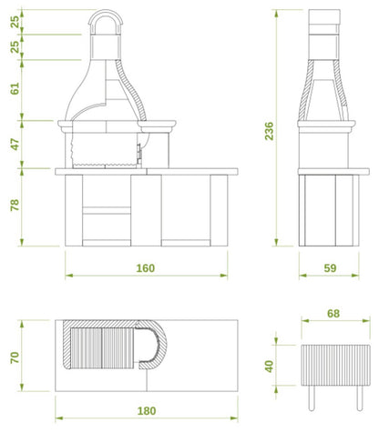 Palazzetti in Giardino Lanzarote 4 Barbecue Legna Carbonelle Cemento Refrattario Focolare Braciere Laterale Area Grill Sottocappa Metallica Griglia Cottura Acciaio Inox Piano Lavoro Marmotech Grigio Incluso Kit Verniciatura e Montaggio 180x70 H236 cm