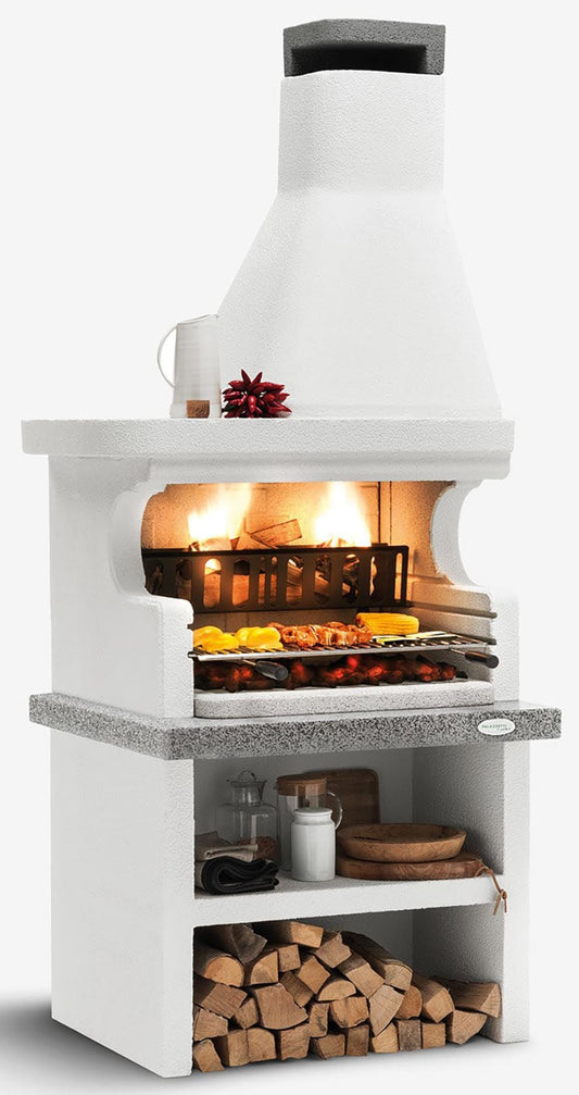 Palazzetti in Giardino Levanzo Angolo DX Barbecue Legna Carbonelle Cemento Refrattario Focolare Rinforzato Area Grill Cassetto Cenere Braciere Portalegna Sottocappa Metallica Glia Cottura Piano Marmotech Incluso Kit Verniciatura e Montaggio 102x95 H236 cm