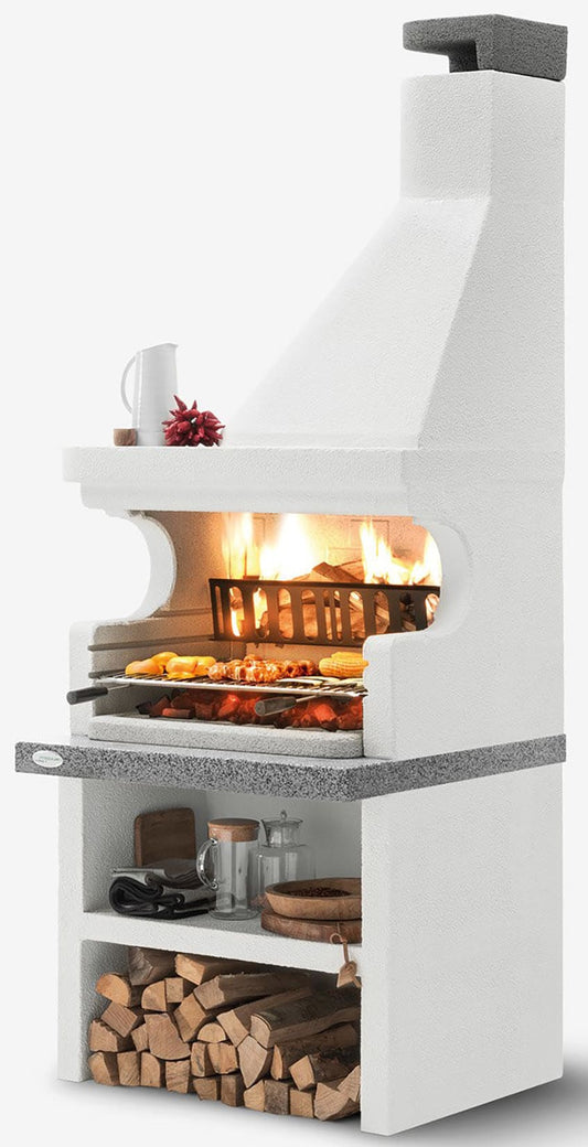 Palazzetti in Giardino Levanzo Angolo DX Barbecue Legna Carbonelle Cemento Refrattario Focolare Rinforzato Area Grill Cassetto Cenere Braciere Portalegna Sottocappa Metallica Glia Cottura Piano Marmotech Incluso Kit Verniciatura e Montaggio 102x95 H236 cm