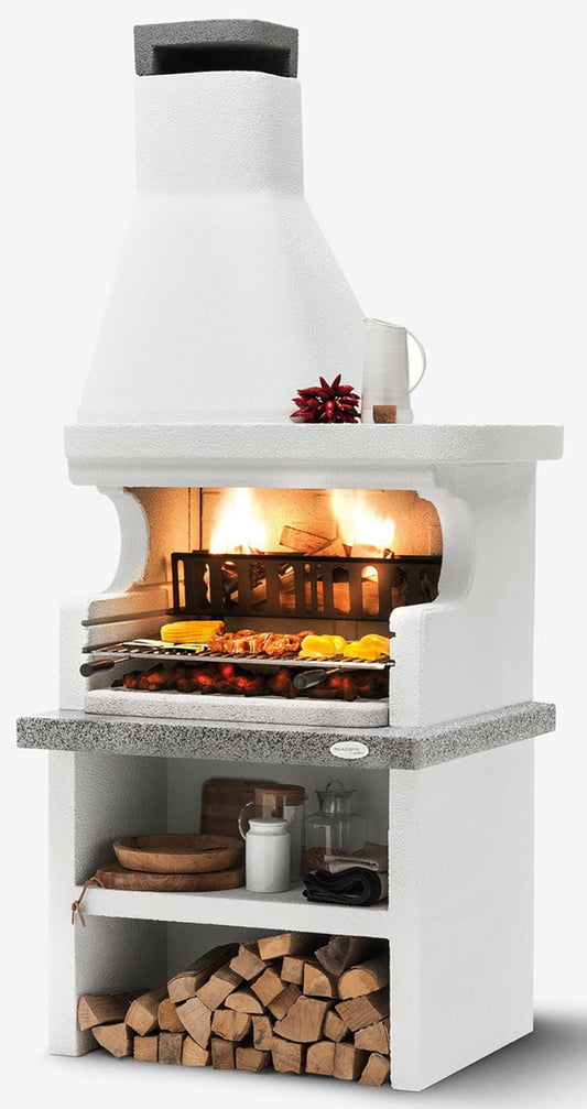 Palazzetti in Giardino Levanzo Angolo SX Barbecue Legna Carbonelle Cemento Refrattario Focolare Rinforzato Area Grill Cassetto Cenere Braciere Portalegna Sottocappa Metallica Glia Cottura Piano Marmotech Incluso Kit Verniciatura e Montaggio 102x95 H236 cm