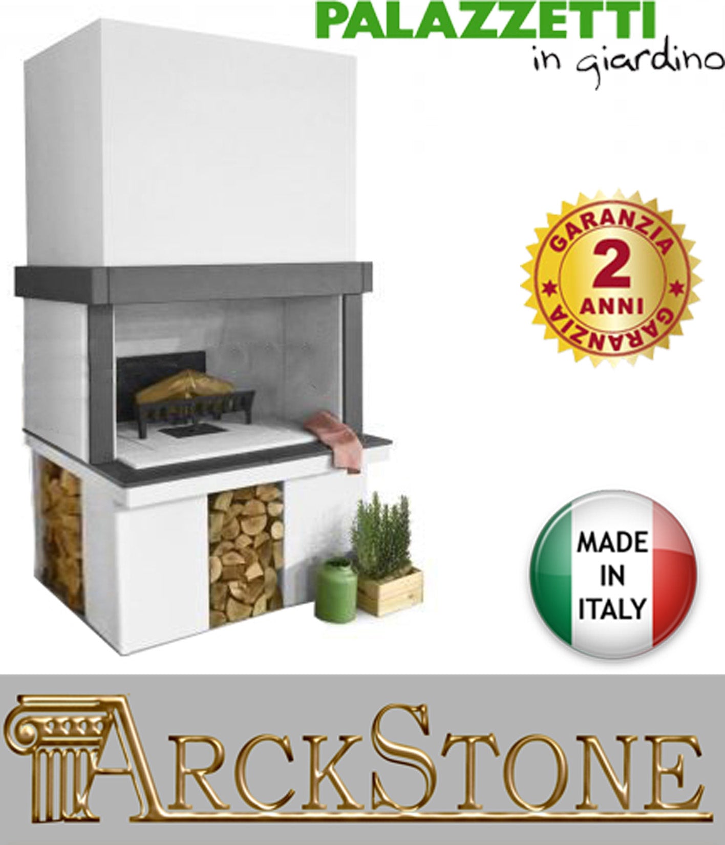 Palazzetti in Giardino Linosa Modulo Grill Focolare Barbecue Legna Basamento in Marmotech (graniglia di Marmo) Misura 146x101x232 cm