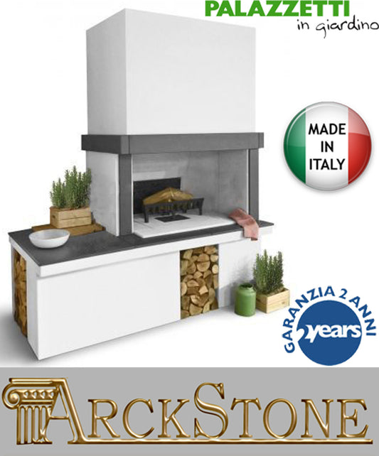 Palazzetti in Giardino Linosa Modulo Grill Con Appoggio Barbecue Legna Focolare Elevato Spessore Refrattario Piano Fuoco 116x70 Cassetto Cenere Basamento in Marmotech (graniglia di Marmo) Misura 146x101 h232 cm - 73x101 h74 cm