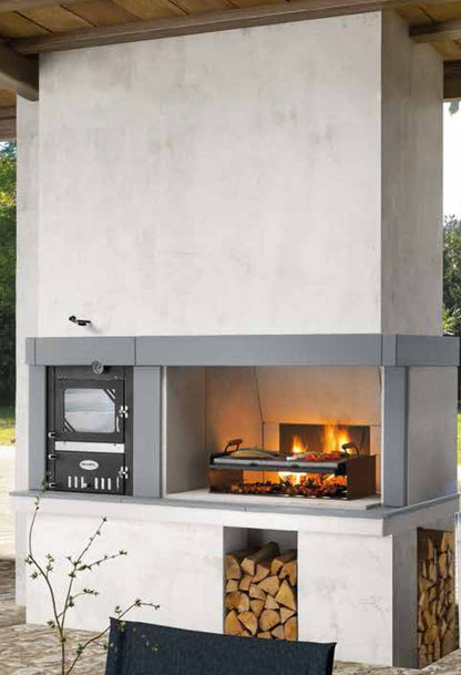 Palazzetti in Giardino Linosa Modulo Grill con Forno in Acciaio Camera Combustione Cottura Camino Focolare Elevato Spessore Barbecue Legna Piano Fuoco 116x70 Cassetto Cenere Basamento in Marmotech (graniglia di Marmo) Misura 219x101xh232 cm 1800 kg