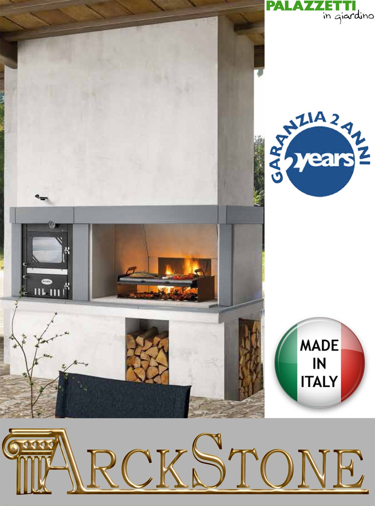 Palazzetti in Giardino Linosa Modulo Grill con Forno in Acciaio Camera Combustione Cottura Camino Focolare Elevato Spessore Barbecue Legna Piano Fuoco 116x70 Cassetto Cenere Basamento in Marmotech (graniglia di Marmo) Misura 219x101xh232 cm 1800 kg
