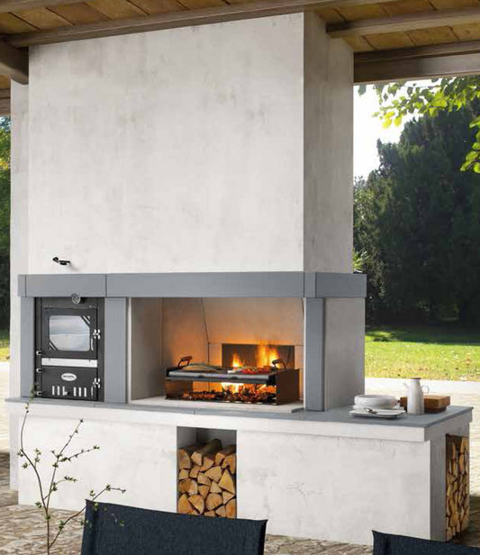 Palazzetti in Giardino Linosa Modulo Grill con Forno in Acciaio e Ampio Appoggio Focolare Elevato Spessore Barbecue Legna Piano Fuoco 116x70 Cassetto Cenere Basamento in Marmotech (graniglia di Marmo) Misura 292x101x232 cm 2000kg
