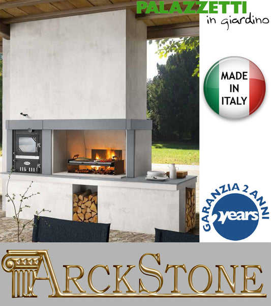 Palazzetti in Giardino Linosa Modulo Grill con Forno in Acciaio e Ampio Appoggio Focolare Elevato Spessore Barbecue Legna Piano Fuoco 116x70 Cassetto Cenere Basamento in Marmotech (graniglia di Marmo) Misura 292x101x232 cm 2000kg