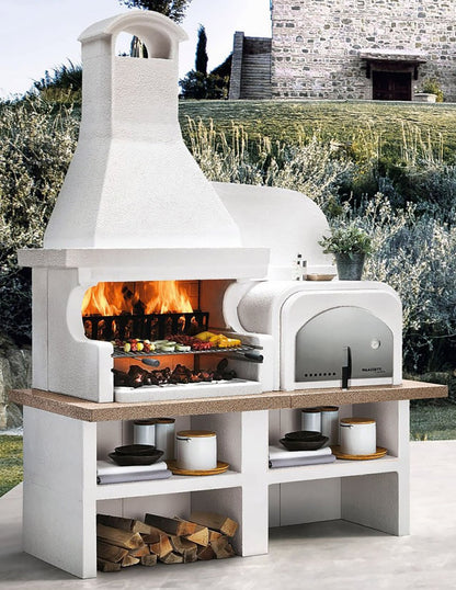 Palazzetti in Giardino Malibù 2 Barbecue a Legna e Carbonelle Versione Grezza Materiale Cemento Refrattario e Marmotech Da Verniciare Con Cappa e Grill a Sinistra e Forno a Destra Misura 180x85x253h cm Incluso di Kit di Montaggio