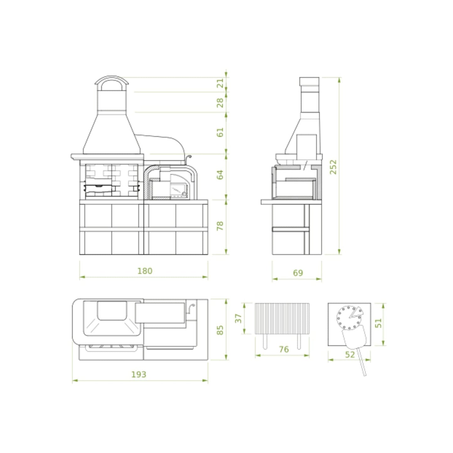 Palazzetti in Giardino Malibù 2 Barbecue a Legna e Carbonelle Versione Grezza Materiale Cemento Refrattario e Marmotech Da Verniciare Con Cappa e Grill a Sinistra e Forno a Destra Misura 180x85x253h cm Incluso di Kit di Montaggio