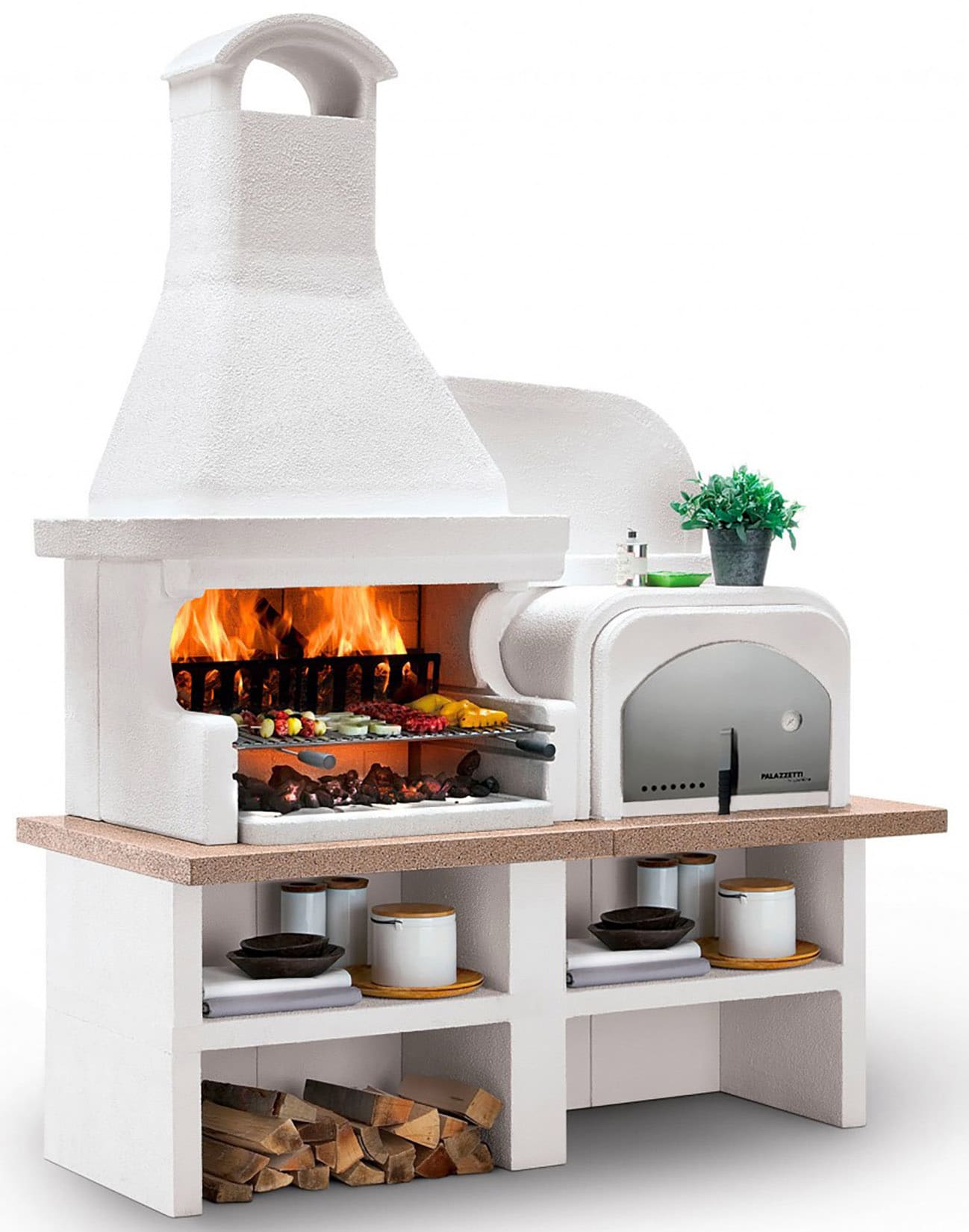 Palazzetti in Giardino Malibù 2 Barbecue a Legna e Carbonelle Versione Grezza Materiale Cemento Refrattario e Marmotech Da Verniciare Con Cappa e Grill a Sinistra e Forno a Destra Misura 180x85x253h cm Incluso di Kit di Montaggio