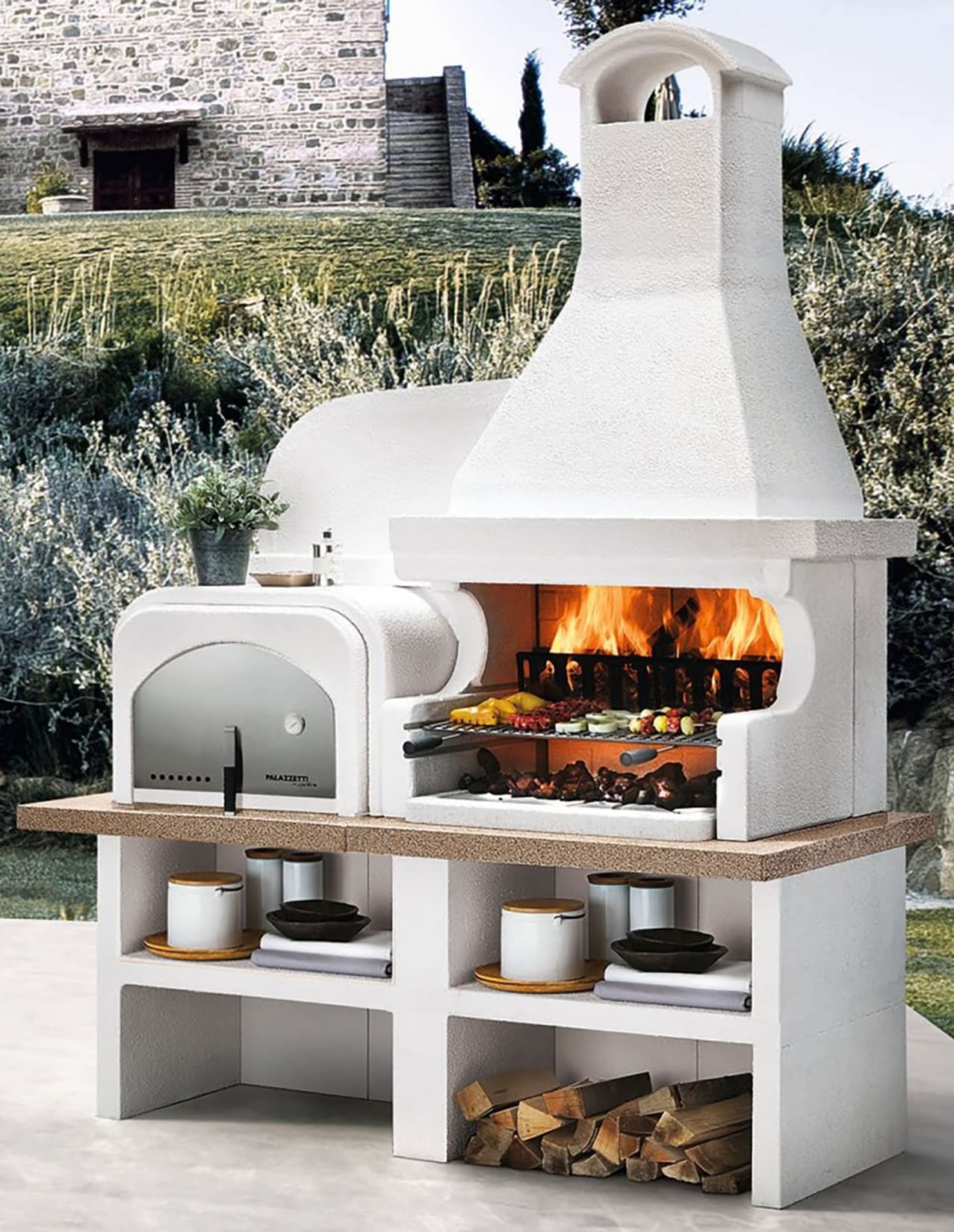 Palazzetti in Giardino Malibù 2 Barbecue a Legna e Carbonelle Versione Grezza Materiale Cemento Refrattario e Marmotech Da Verniciare Con Cappa e Grill a Destra e Forno a Sinistra Misura 180x85x253h cm Incluso di Kit di Montaggio