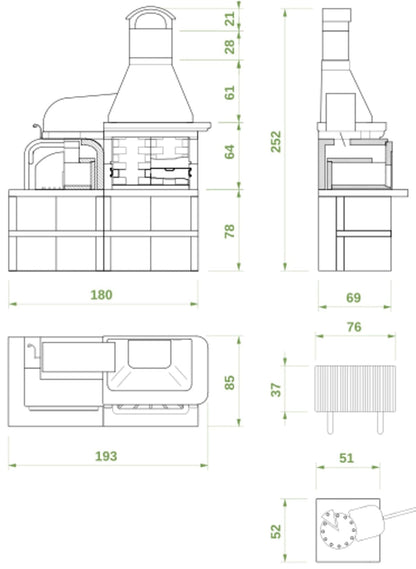 Palazzetti in Giardino Malibù 2 Barbecue a Legna e Carbonelle Versione Grezza Materiale Cemento Refrattario e Marmotech Da Verniciare Con Cappa e Grill a Destra e Forno a Sinistra Misura 180x85x253h cm Incluso di Kit di Montaggio