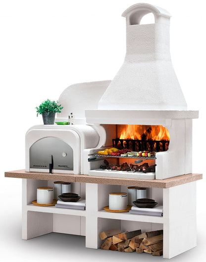 Palazzetti in Giardino Malibù 2 Barbecue a Legna e Carbonelle Versione Grezza Materiale Cemento Refrattario e Marmotech Da Verniciare Con Cappa e Grill a Destra e Forno a Sinistra Misura 180x85x253h cm Incluso di Kit di Montaggio