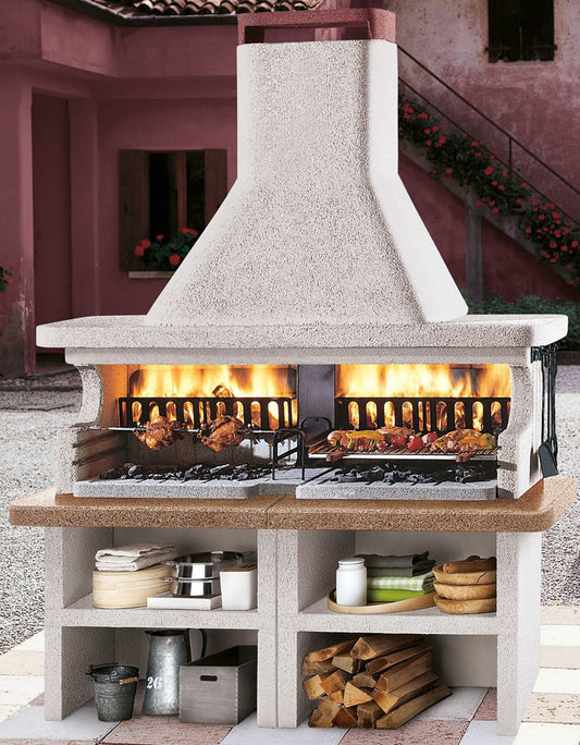 Palazzetti in Giardino Miami 3 Barbecue Carbonelle Legna Cemento Refrattario Da Verniciare 2 Focolari Rinforzati Aree Grill Cassetto Braciere Sottocappe Griglia Cottura Top Marmotech Basamenti Schienali Incluso Kit Verniciatura Montaggio 204x95 H267 cm