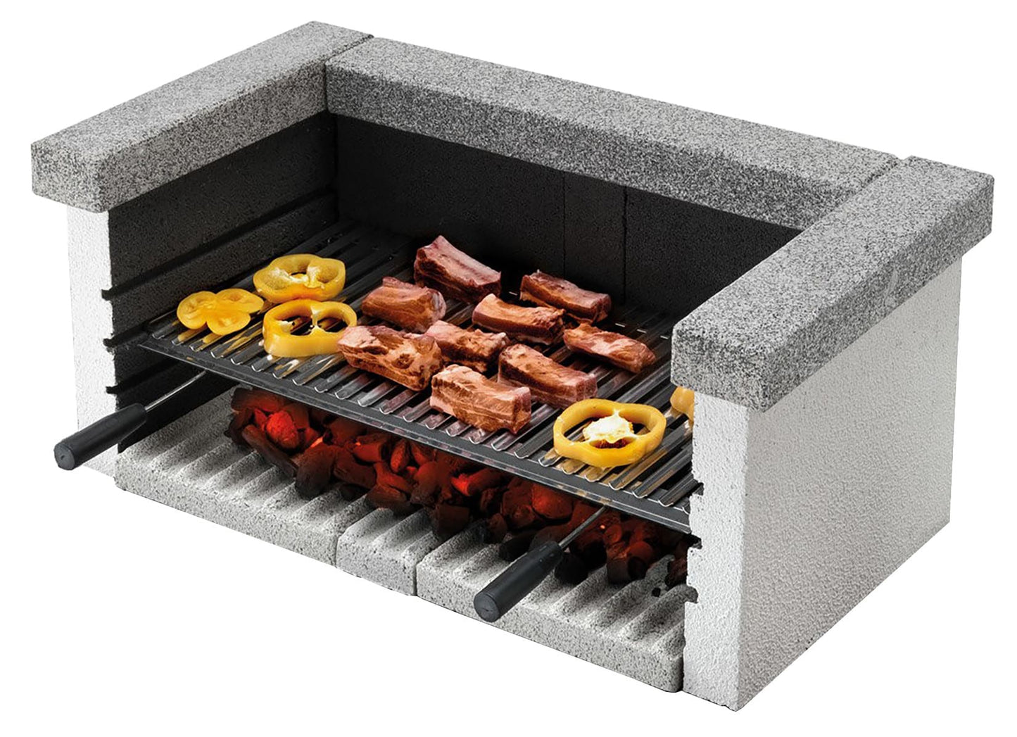 Palazzetti in Giardino Modulo Barbecue Da Appoggio Singolo Grill Legna Carbonella Struttura Cemento Refrattario Da Verniciare Cornice Superiore Marmotech Levigato Grigio Griglia Cottura Acciaio Inox 76x37 cm Manici Bachelite Piano Fuoco 90x45 H42cm 110 kg