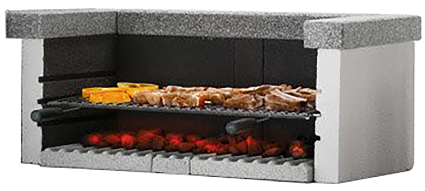 Palazzetti in Giardino Modulo Barbecue Da Appoggio Singolo Grill Legna Carbonella Struttura Cemento Refrattario Da Verniciare Cornice Superiore Marmotech Levigato Grigio Griglia Cottura Acciaio Inox 76x37 cm Manici Bachelite Piano Fuoco 90x45 H42cm 110 kg