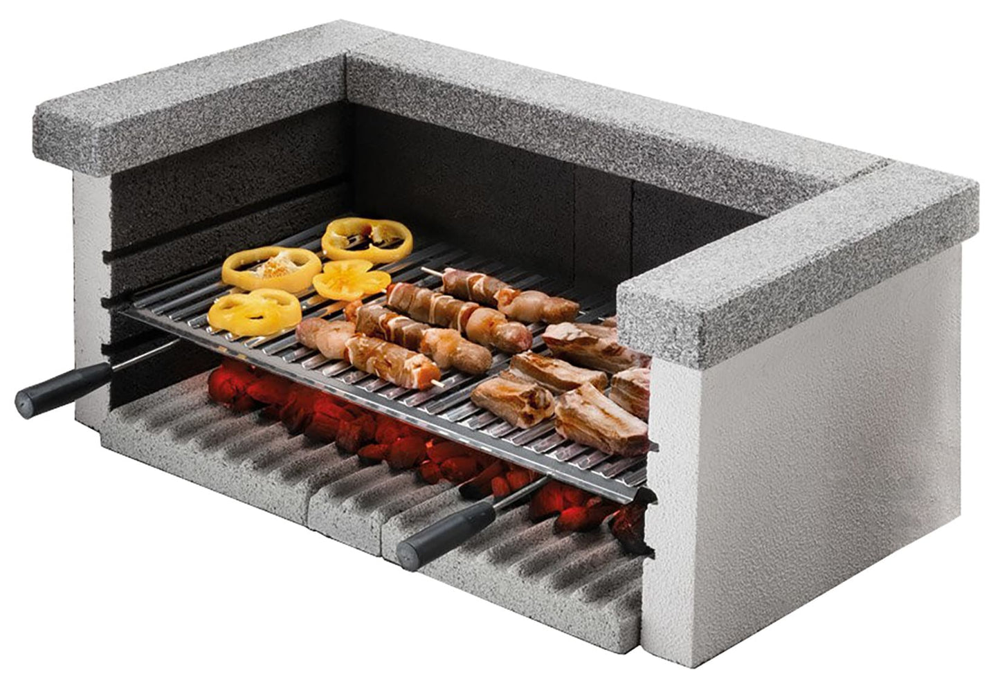 Palazzetti in Giardino Modulo Barbecue Da Appoggio Singolo Grill Legna Carbonella Struttura Cemento Refrattario Da Verniciare Cornice Superiore Marmotech Levigato Grigio Griglia Cottura Acciaio Inox 76x37 cm Manici Bachelite Piano Fuoco 90x45 H42cm 110 kg