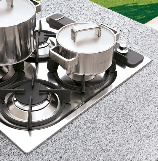 Palazzetti in Giardino Modulo Gas 4 Fuochi 90 Struttura in Cemento Refrattario Da Verniciare Top Marmotech Levigato Grigio Fornello Tradizionale Piano Cottura Acciaio Inox Ugelli GPL Metano Basamento Schienale Pratica Mensola 90x70 H78 cm Peso 300 kg