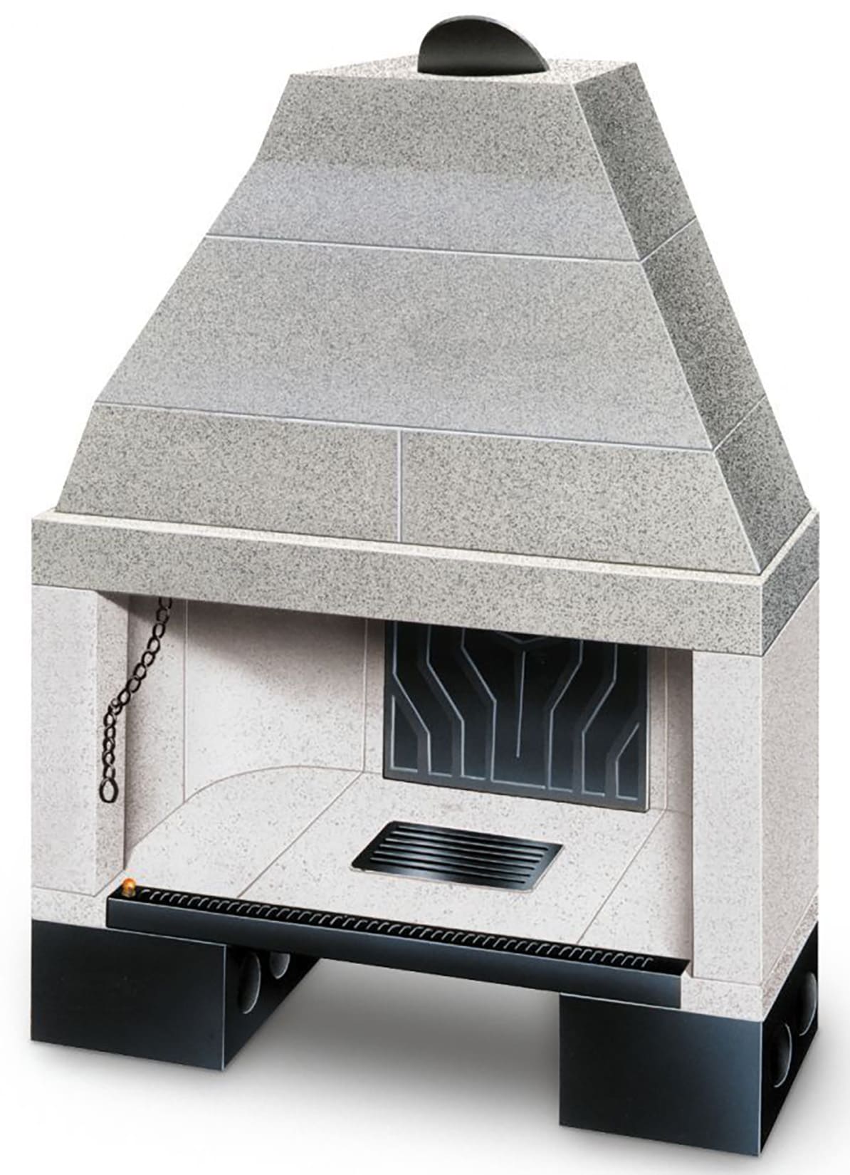 Palazzetti In Giardino Patio 116 R Barbecue Focolare Aperto Camino Legna Carbonelle Aria Naturale in Cemento Registro Fumi Cassetto Cenere Griglia Paretina Posteriore Ghisa Portalegna Apertura Frontale Destra Sinistra Misura 130x82 H177 cm Potenza 15,7 Kw