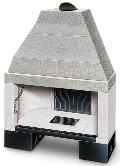 Palazzetti In Giardino Patio 116 R Barbecue Focolare Aperto Camino Legna Carbonelle Aria Naturale in Cemento Registro Fumi Cassetto Cenere Griglia Paretina Posteriore Ghisa Portalegna Apertura Frontale Destra Sinistra Misura 130x82 H177 cm Potenza 15,7 Kw