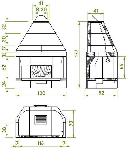 Palazzetti In Giardino Patio 116 R Barbecue Focolare Aperto Camino Legna Carbonelle Aria Naturale in Cemento Registro Fumi Cassetto Cenere Griglia Paretina Posteriore Ghisa Portalegna Apertura Frontale Destra Sinistra Misura 130x82 H177 cm Potenza 15,7 Kw