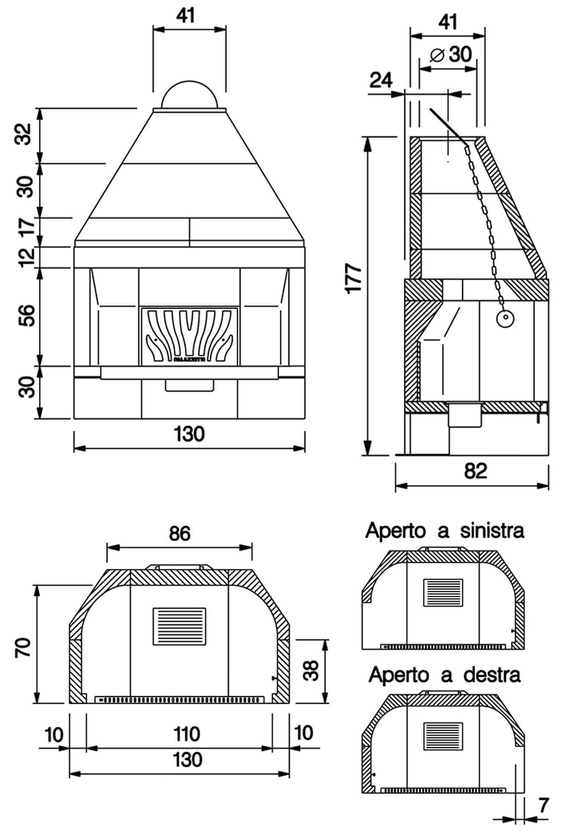 Palazzetti In Giardino Patio 116 R Barbecue Focolare Aperto Camino Legna Carbonelle Aria Naturale in Cemento Registro Fumi Cassetto Cenere Griglia Paretina Posteriore Ghisa Portalegna Apertura Frontale Destra Sinistra Misura 130x82 H177 cm Potenza 15,7 Kw