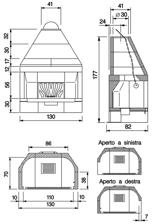 Palazzetti In Giardino Patio 116 R Barbecue Focolare Aperto Camino Legna Carbonelle Aria Naturale in Cemento Registro Fumi Cassetto Cenere Griglia Paretina Posteriore Ghisa Portalegna Apertura Frontale Destra Sinistra Misura 130x82 H177 cm Potenza 15,7 Kw