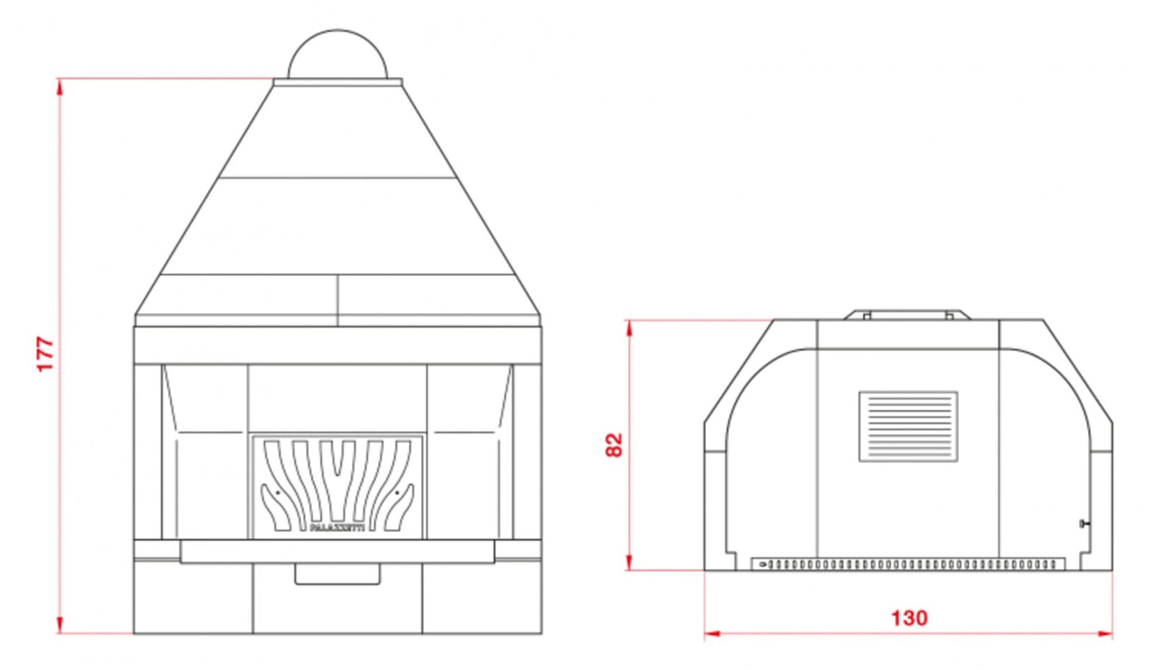 Palazzetti In Giardino Patio 116 R Barbecue Focolare Aperto Camino Legna Carbonelle Aria Naturale in Cemento Registro Fumi Cassetto Cenere Griglia Paretina Posteriore Ghisa Portalegna Apertura Frontale Destra Sinistra Misura 130x82 H177 cm Potenza 15,7 Kw
