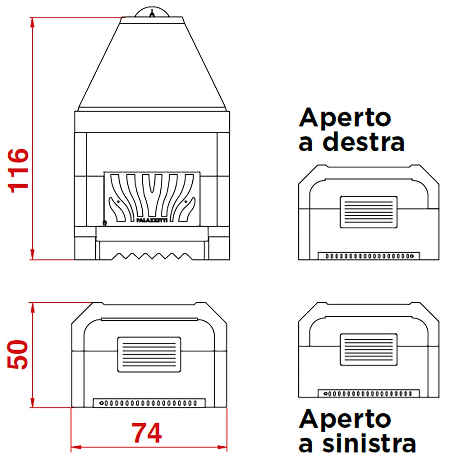 Palazzetti In Giardino Patio 64 R Barbecue Focolare Aperto Camino Legna Carbonelle Aria Naturale in Cemento Refrattario Registro Fumi Cassetto Cenere Griglia Paretina Posteriore Ghisa Apertura Frontale Destra Sinistra Misura 74x50 H116 cm Potenza 11 Kw